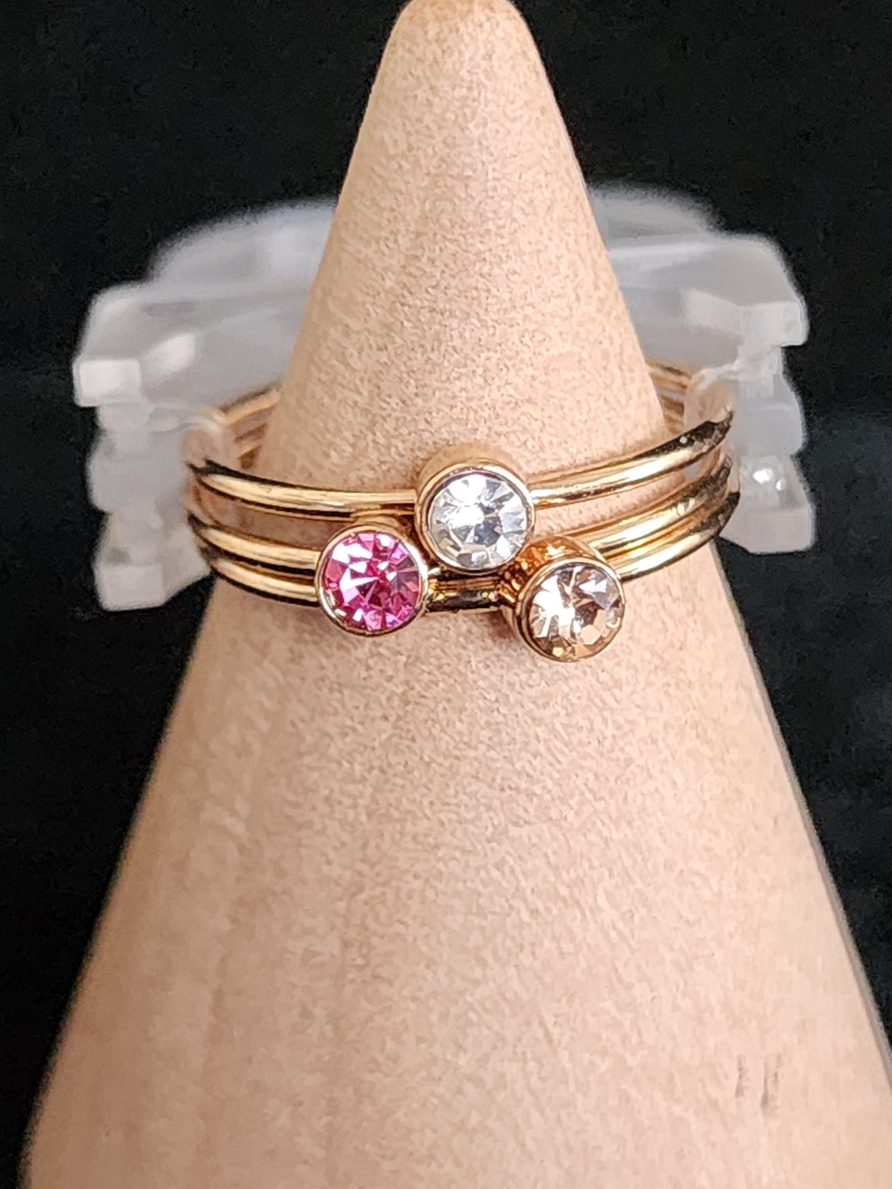 Gold Tone Stacked Ring Trio with Pink, Clear, and Champagne Stones
